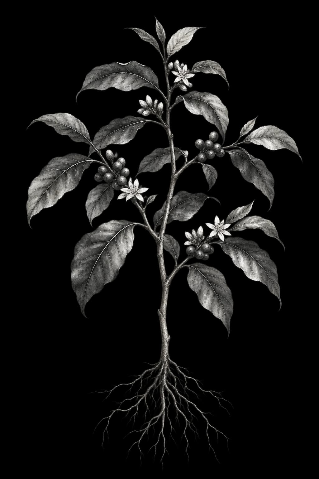 A small coffee plant with leaves, flowers, fruit and roots, drawn in ink and monochrome watercolor, where the ripples begin.