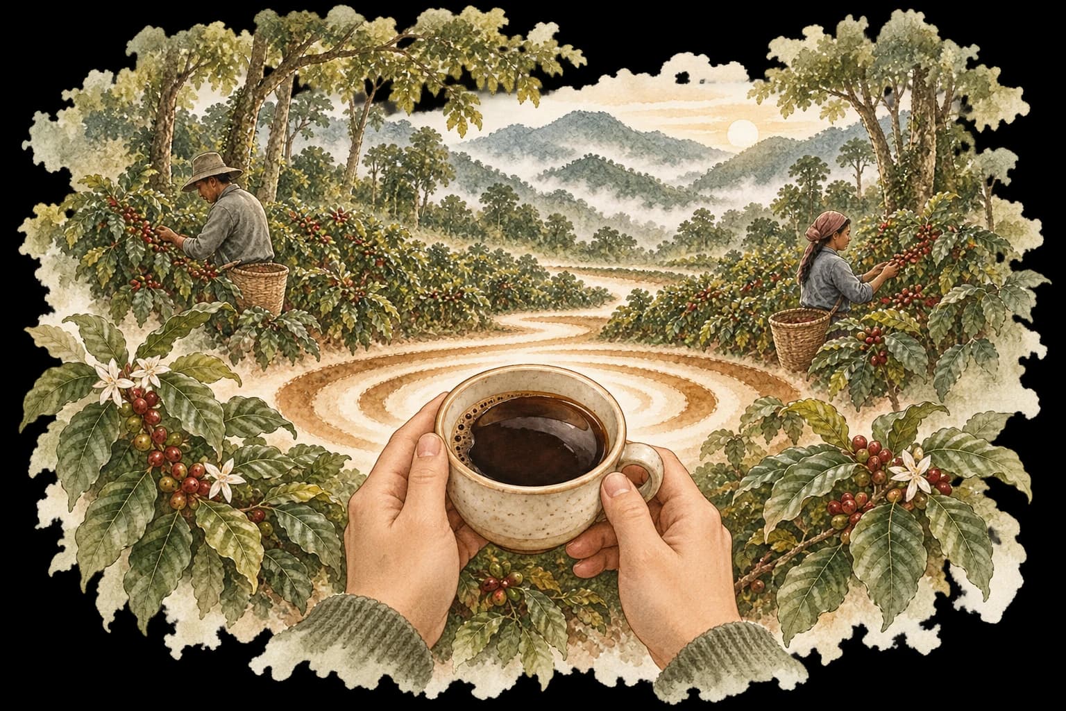 An illustration of hands holding a coffee cup, with ripples connecting the drinker to people harvesting coffee beneath a forest canopy.