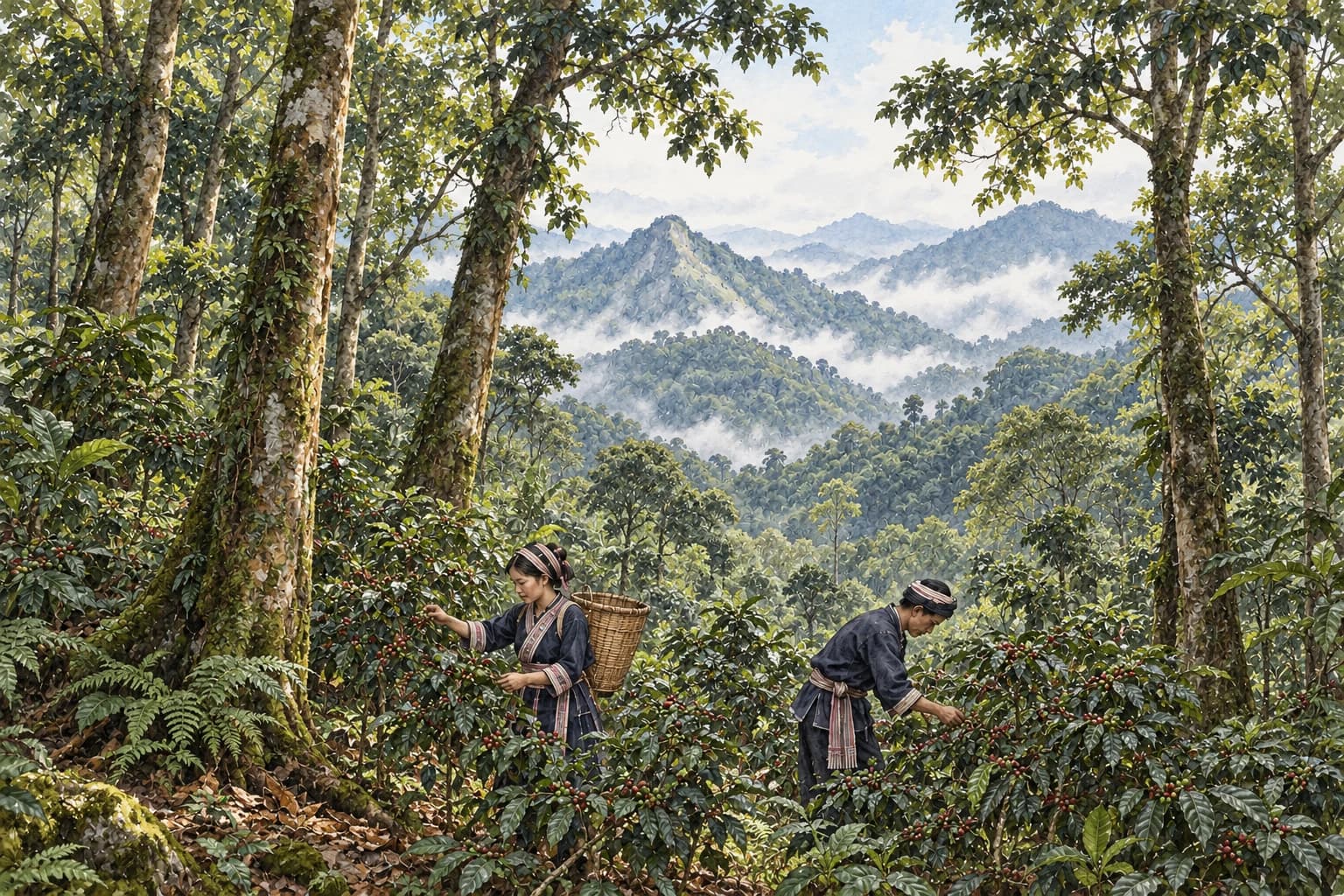 A watercolor of villagers harvesting coffee beneath mature forest trees, with layers of vegetation and mist over the mountains.