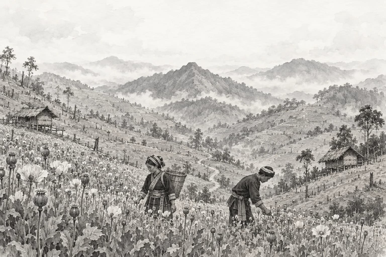 An interpretive monochrome watercolor of Pang Khon's past, with villagers in Lisu dress tending opium on a cleared hillside.