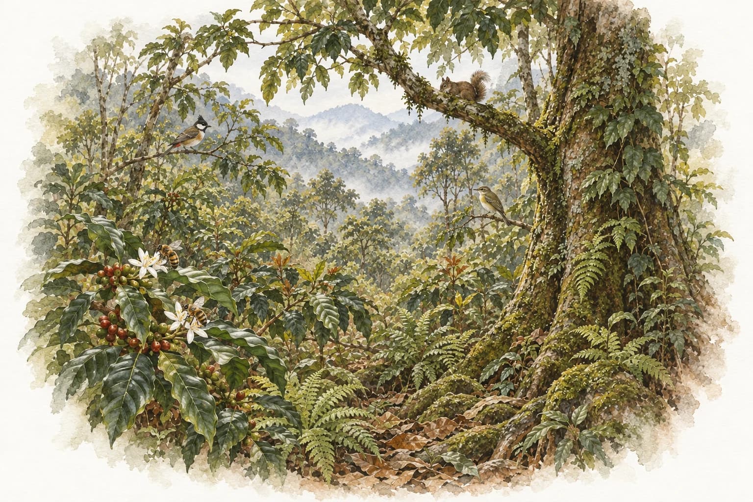 A watercolor of a community forest, with a bee at a coffee flower, a bird and a squirrel among trees and shade plants.