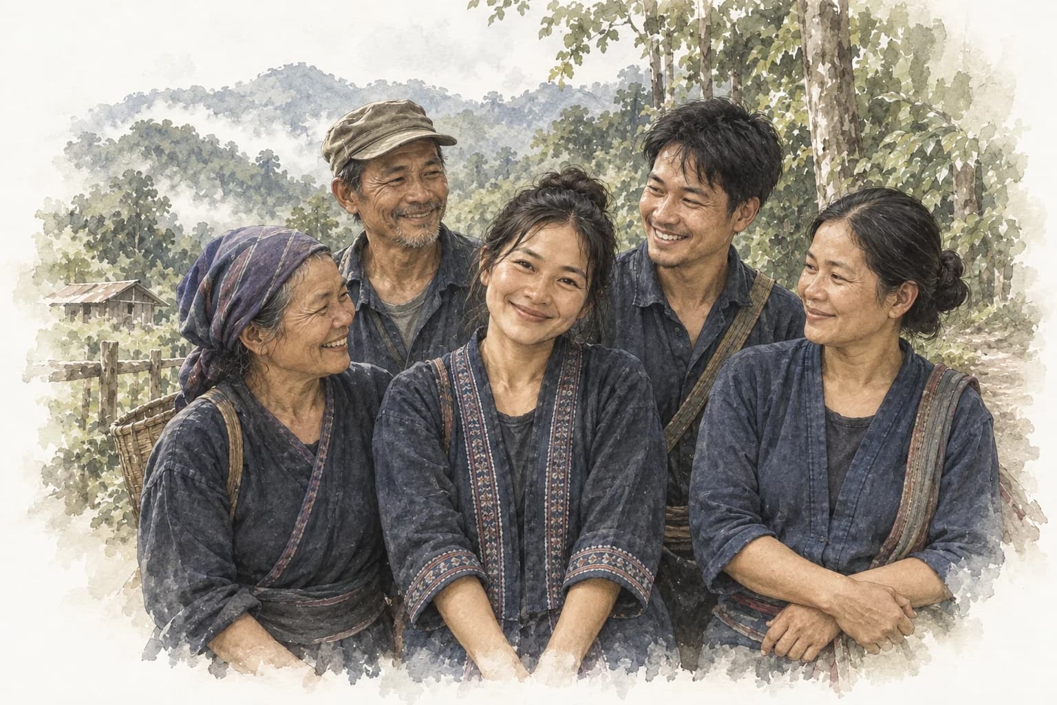 A watercolor of highland villagers of different ages sharing a smile.