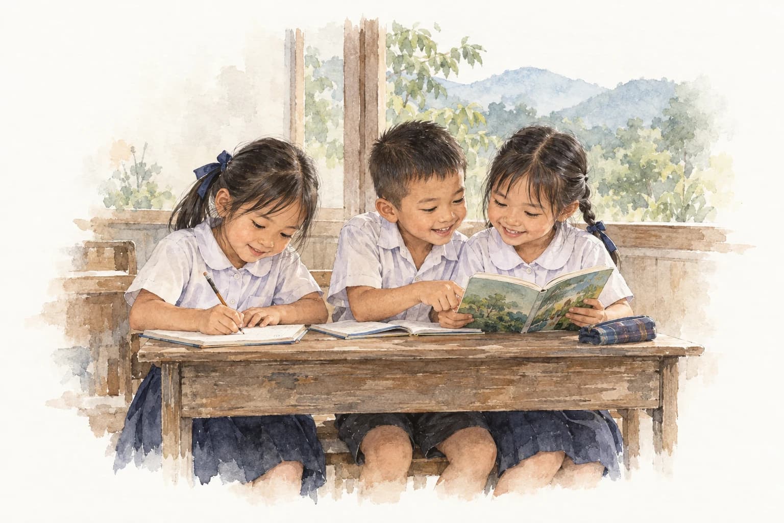 A watercolor of three children in school uniforms reading and writing together.